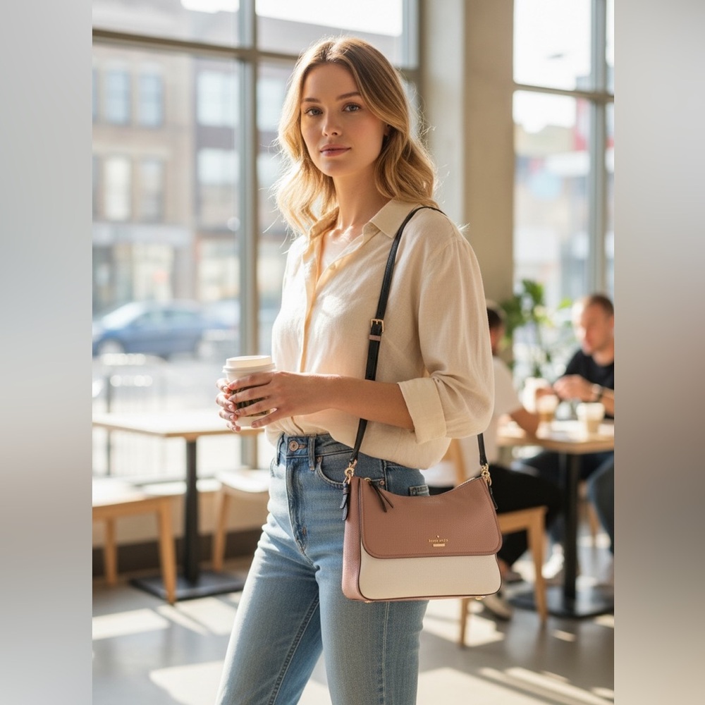 Kate Spade Blush & Cream Pebbled Leather Shoulder Bag | Colorblock | Crossbody - Picture 4 of 14